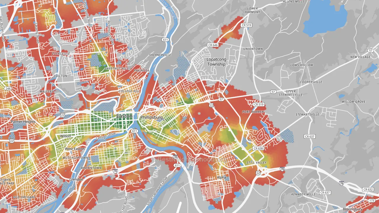 Walk Grade map of Phillipsburg, NJ, walkable areas in green and car-dependent areas in red