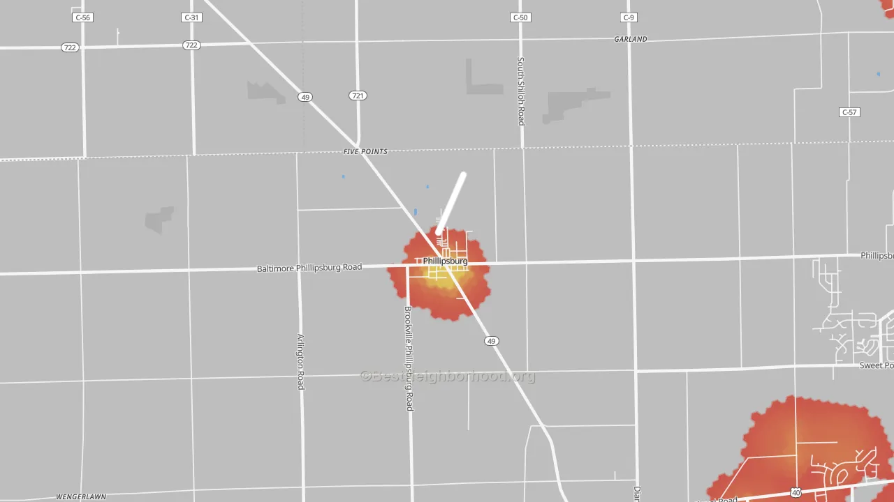 Walk Grade map of Phillipsburg, OH, walkable areas in green and car-dependent areas in red
