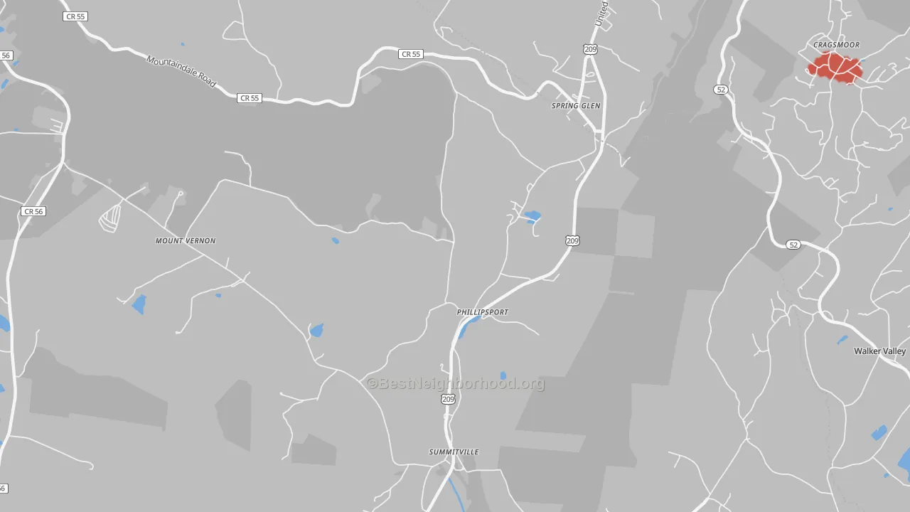 Walk Grade map of Phillipsport, NY, walkable areas in green and car-dependent areas in red