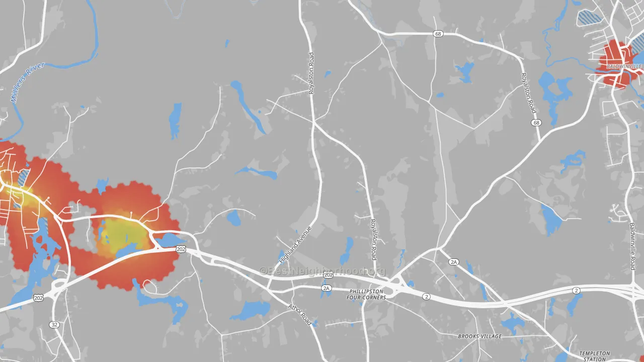 Walk Grade map of Phillipston Four Corners, MA, walkable areas in green and car-dependent areas in red