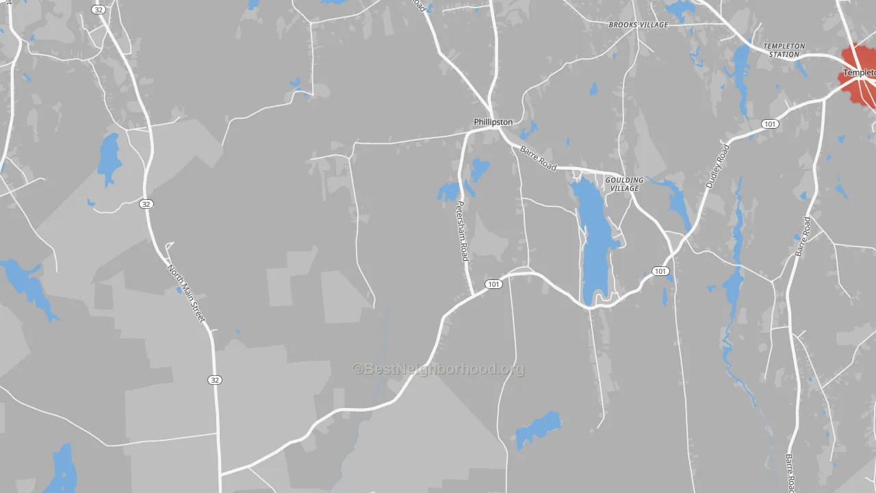 Walk Grade map of Phillipston, MA, walkable areas in green and car-dependent areas in red