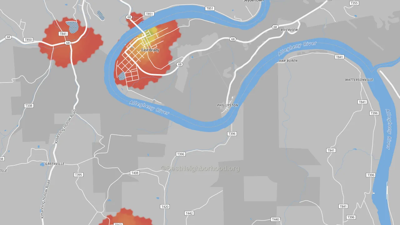 Walk Grade map of Phillipston, PA, walkable areas in green and car-dependent areas in red