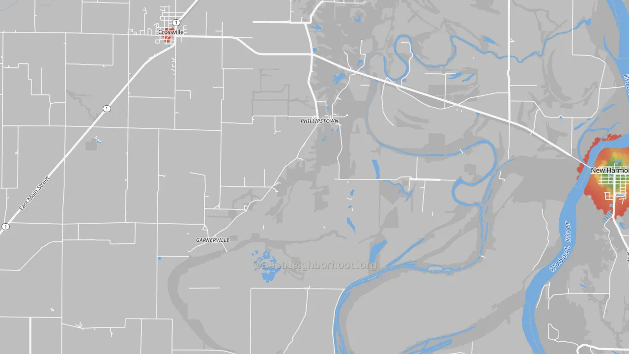 Walk Grade map of Phillipstown, IL, walkable areas in green and car-dependent areas in red