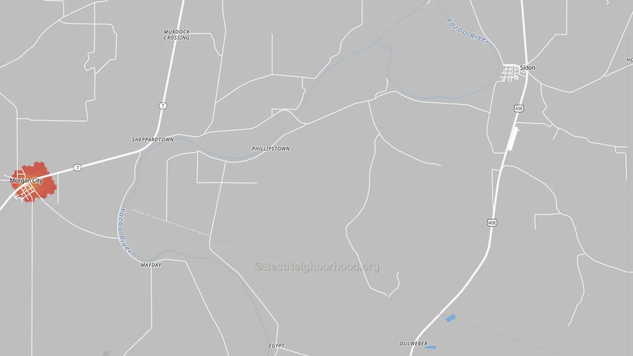Walk Grade map of Phillipstown, MS, walkable areas in green and car-dependent areas in red