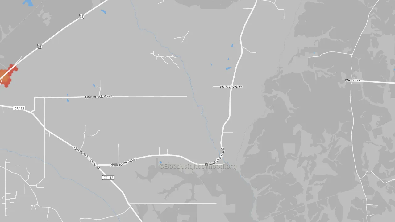 Walk Grade map of Phillipsville, AL, walkable areas in green and car-dependent areas in red