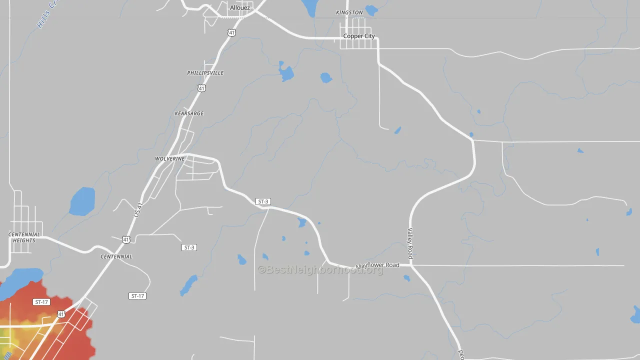 Walk Grade map of Phillipsville, MI, walkable areas in green and car-dependent areas in red