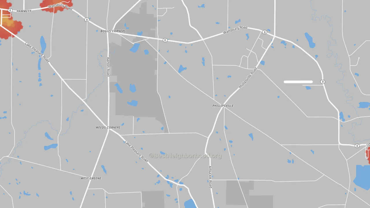 Walk Grade map of Phillipsville, PA, walkable areas in green and car-dependent areas in red