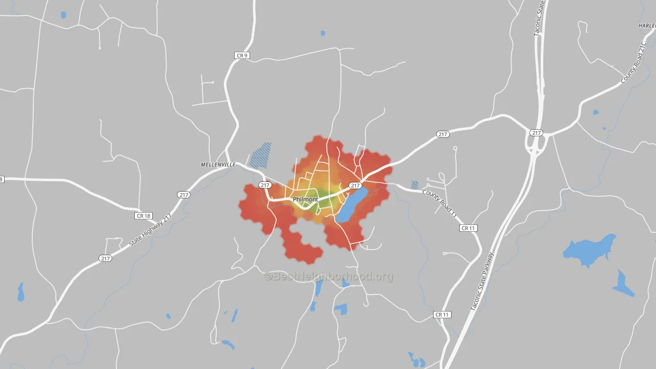 Walk Grade map of Philmont, NY, walkable areas in green and car-dependent areas in red