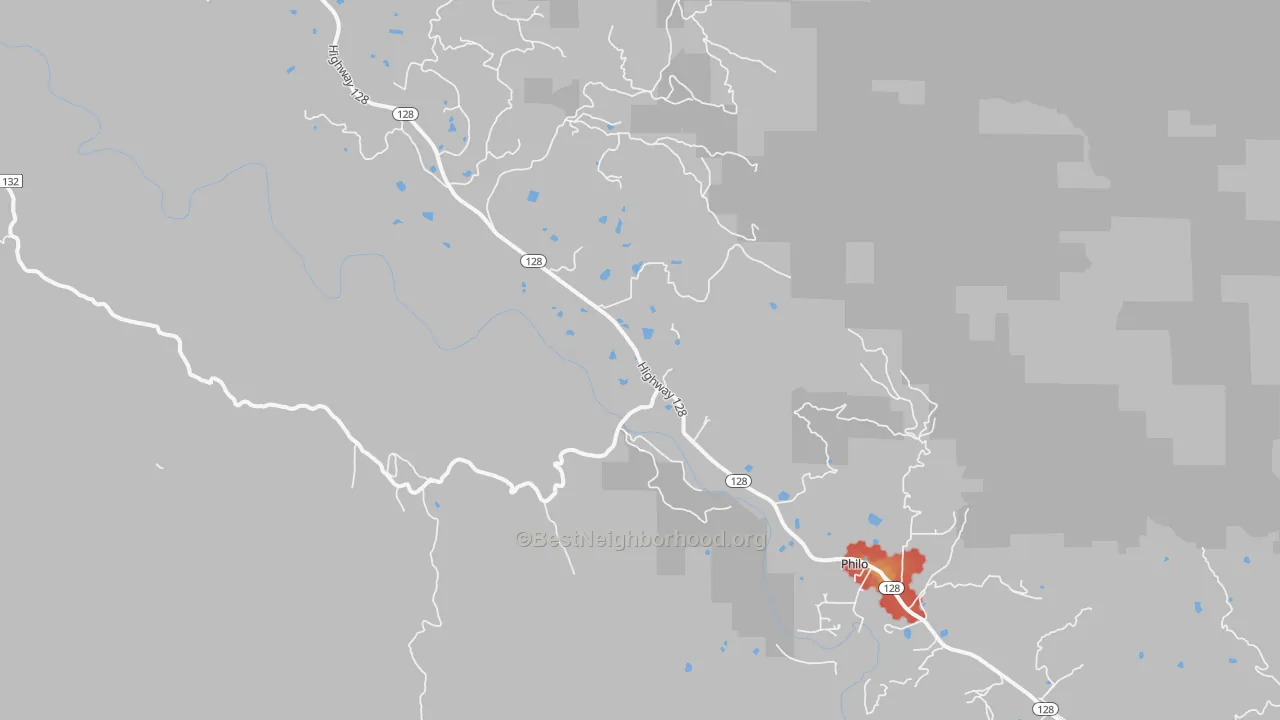 Walk Grade map of Philo, CA, walkable areas in green and car-dependent areas in red