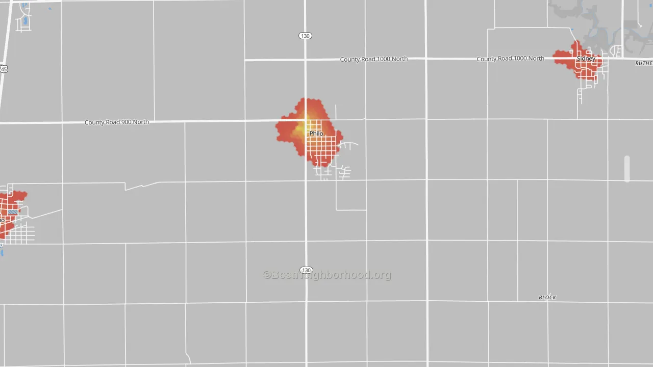 Walk Grade map of Philo, IL, walkable areas in green and car-dependent areas in red