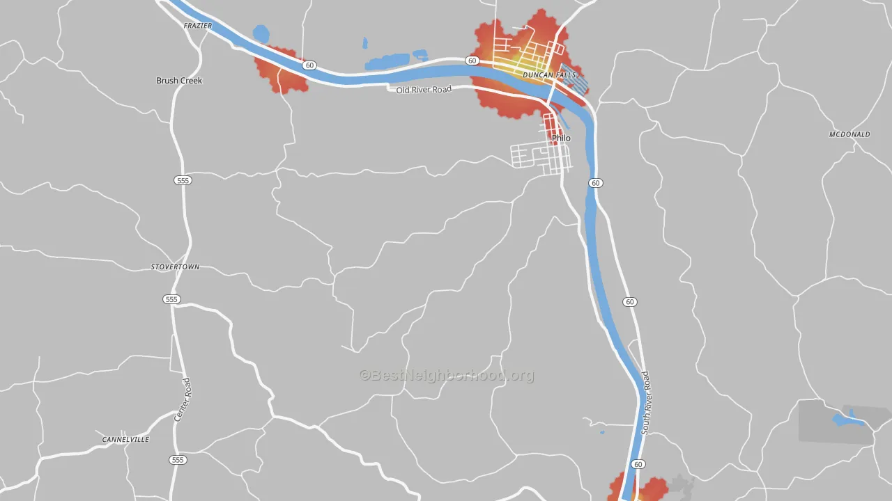 Walk Grade map of Philo, OH, walkable areas in green and car-dependent areas in red