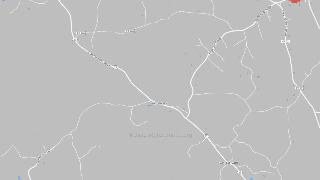 Walk Grade map of Philomath, GA, walkable areas in green and car-dependent areas in red