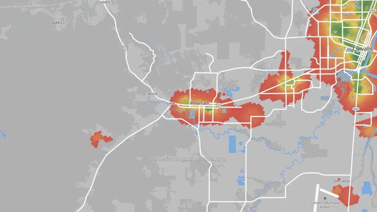 Walk Grade map of Philomath, OR, walkable areas in green and car-dependent areas in red