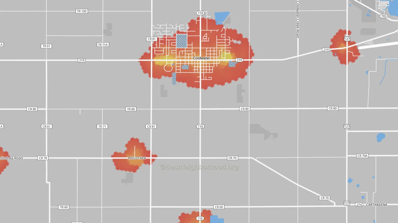 Walk Grade map of Philothea, OH, walkable areas in green and car-dependent areas in red