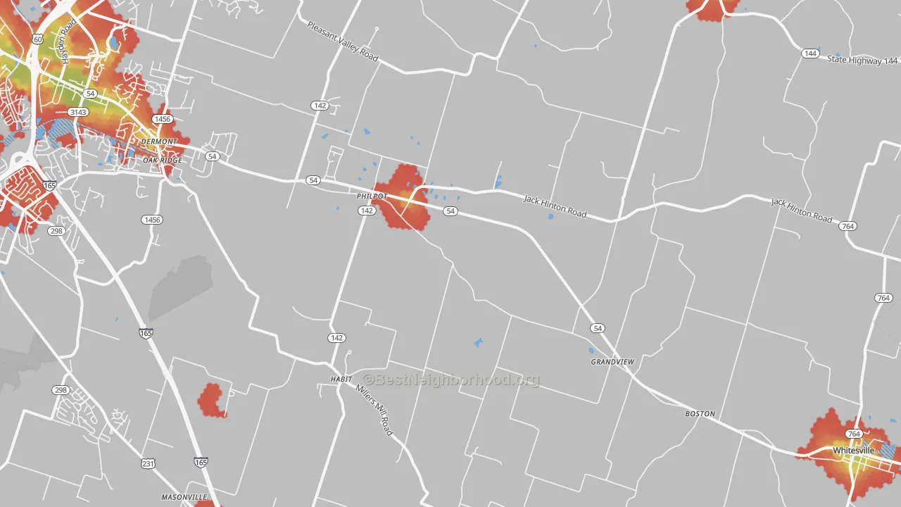 Walk Grade map of Philpot, KY, walkable areas in green and car-dependent areas in red