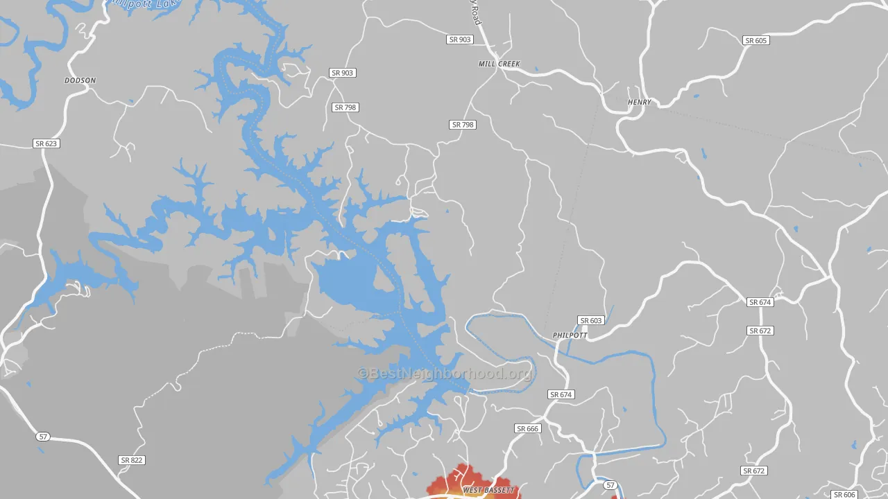 Walk Grade map of Philpott, VA, walkable areas in green and car-dependent areas in red