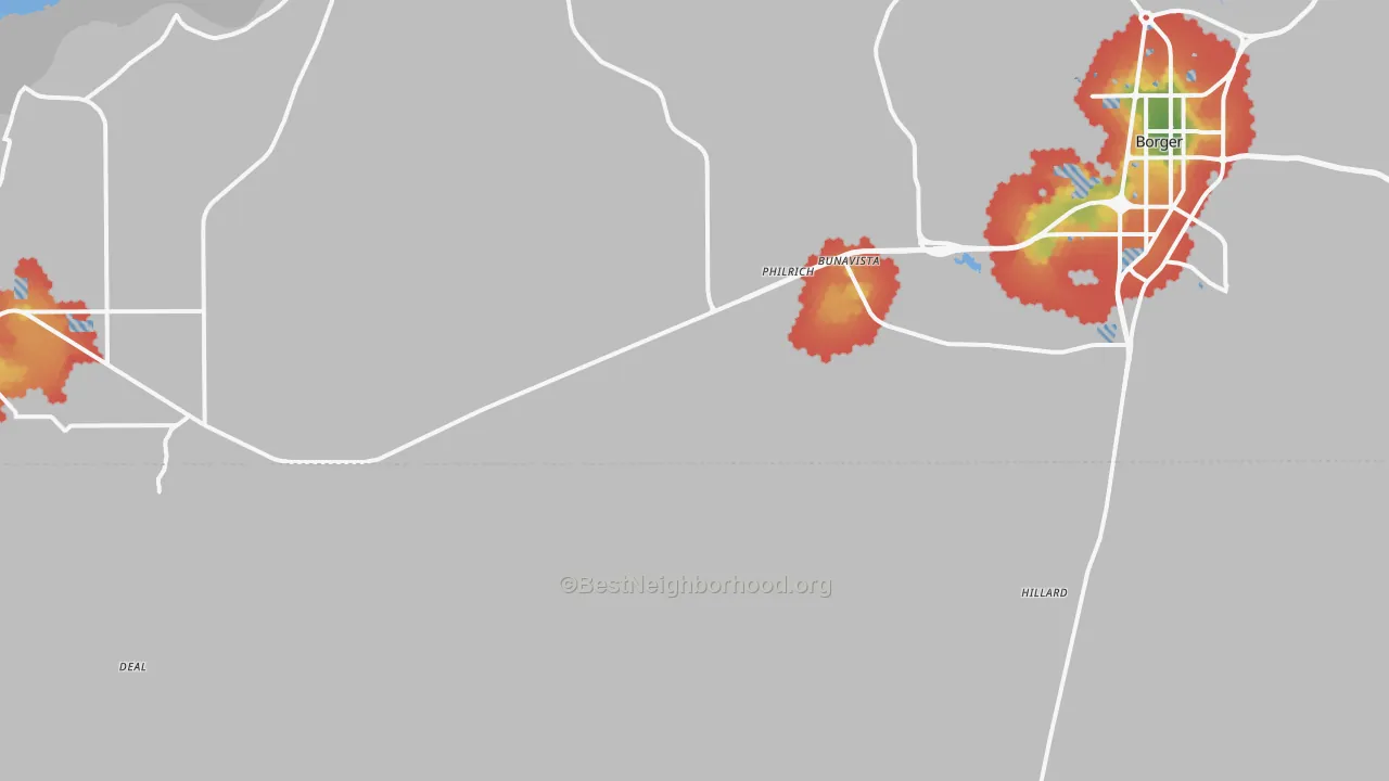 Walk Grade map of Philrich, TX, walkable areas in green and car-dependent areas in red