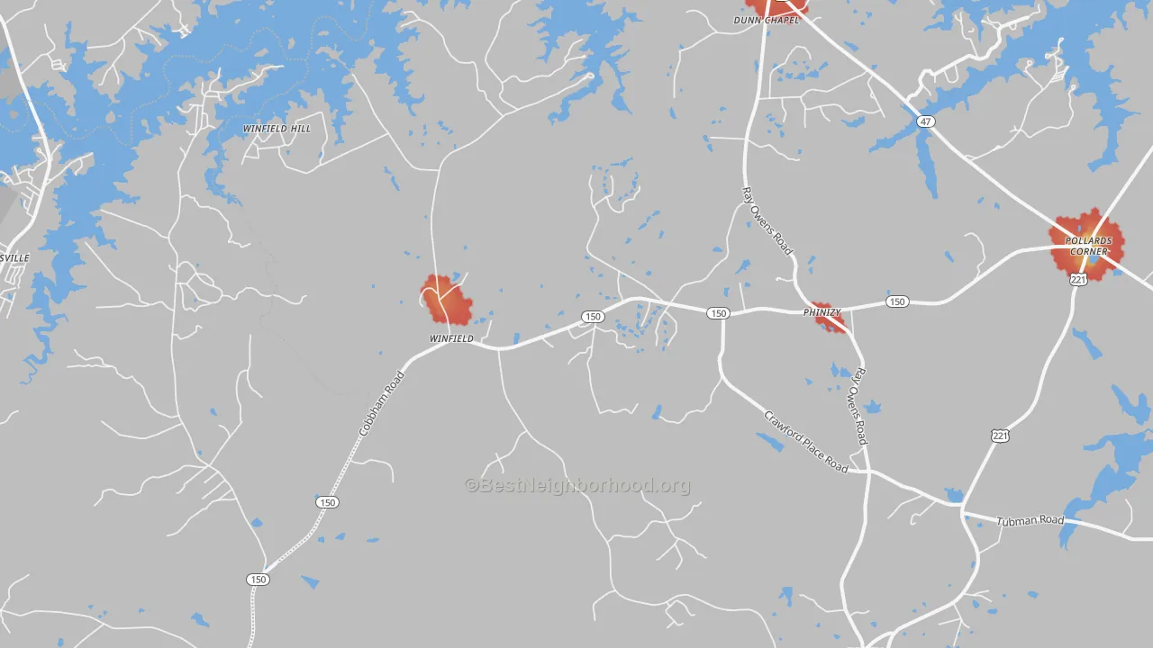 Walk Grade map of Phinizy, GA, walkable areas in green and car-dependent areas in red