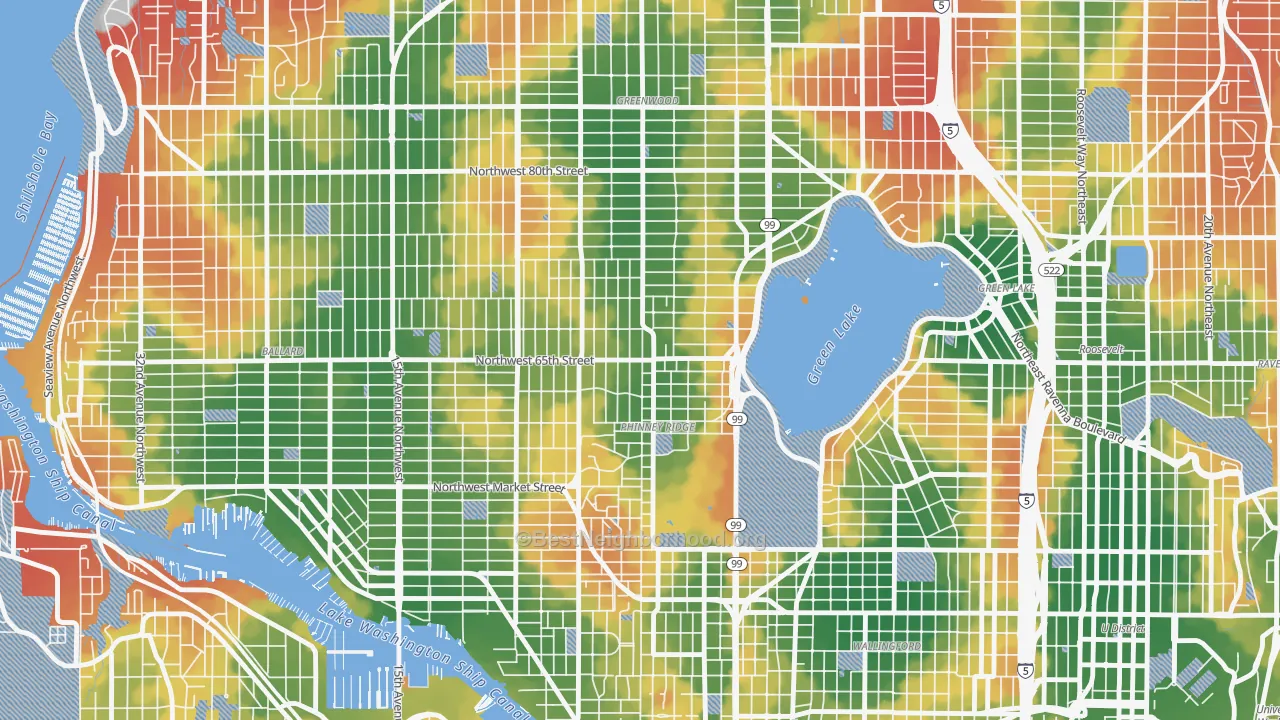 Walk Grade map of Phinney Ridge, Seattle, WA, walkable areas in green and car-dependent areas in red