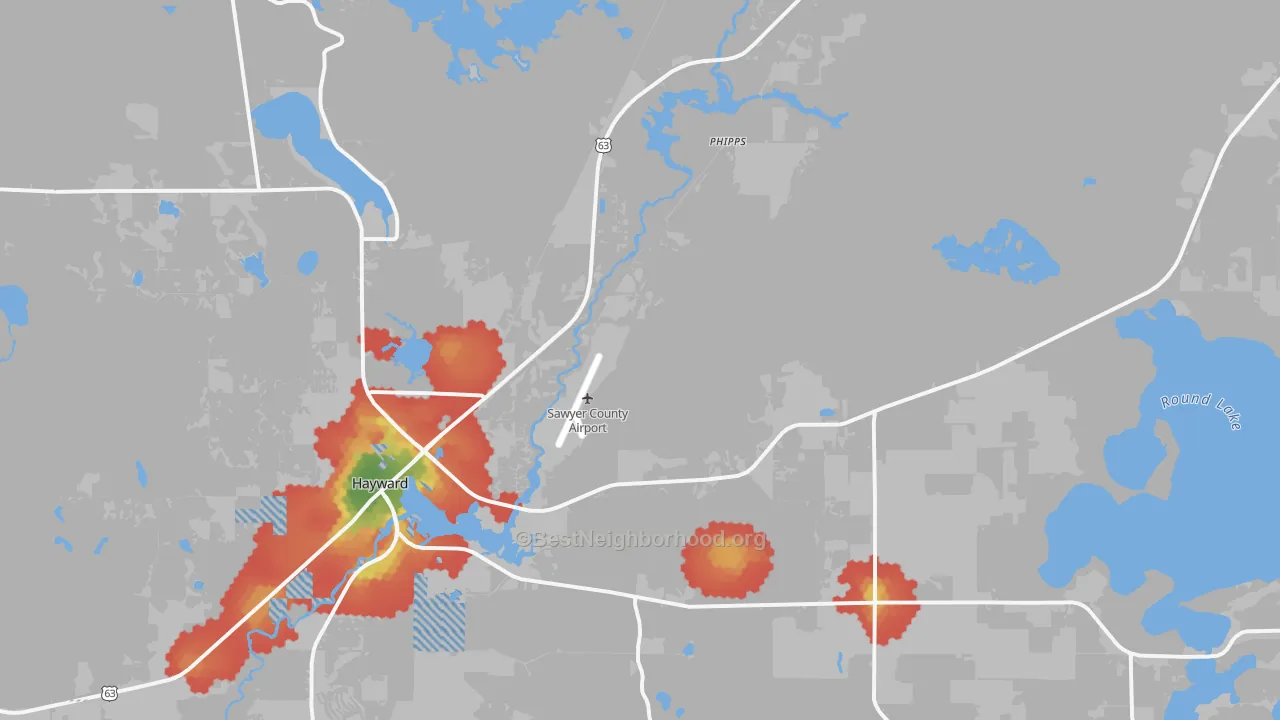 Walk Grade map of Phipps, WI, walkable areas in green and car-dependent areas in red
