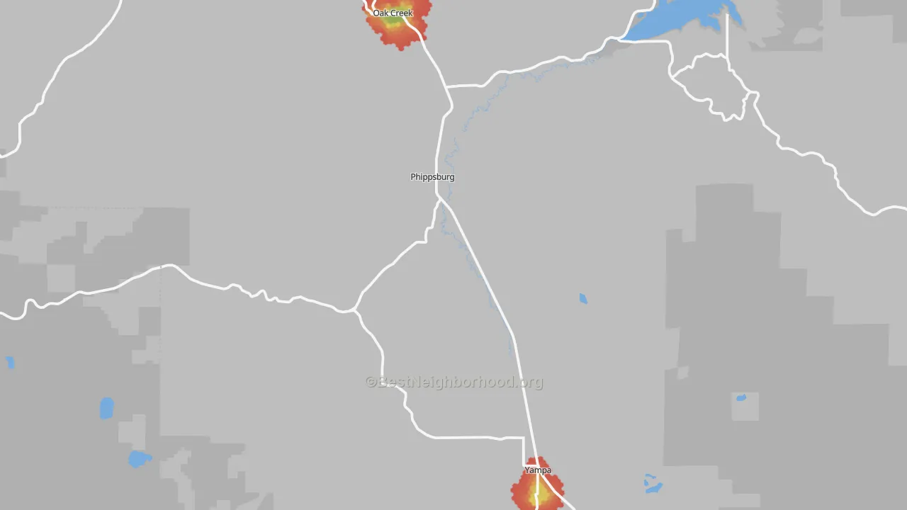 Walk Grade map of Phippsburg, CO, walkable areas in green and car-dependent areas in red