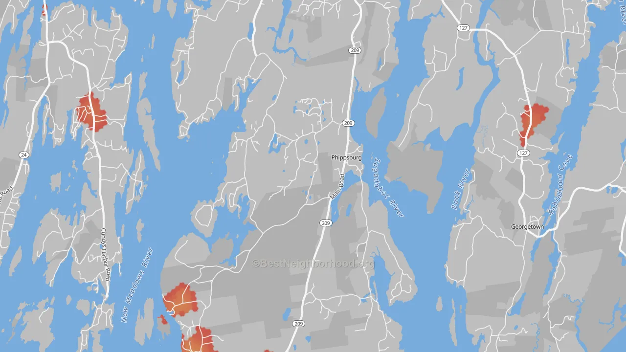 Walk Grade map of Phippsburg, ME, walkable areas in green and car-dependent areas in red