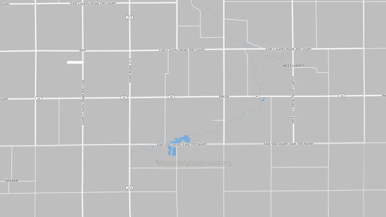 Walk Grade map of Phlox, IN, walkable areas in green and car-dependent areas in red