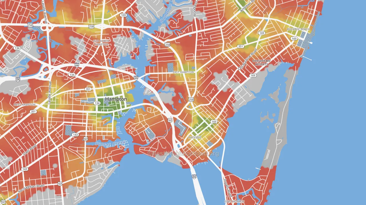 Walk Grade map of Phoebus, Hampton, VA, walkable areas in green and car-dependent areas in red