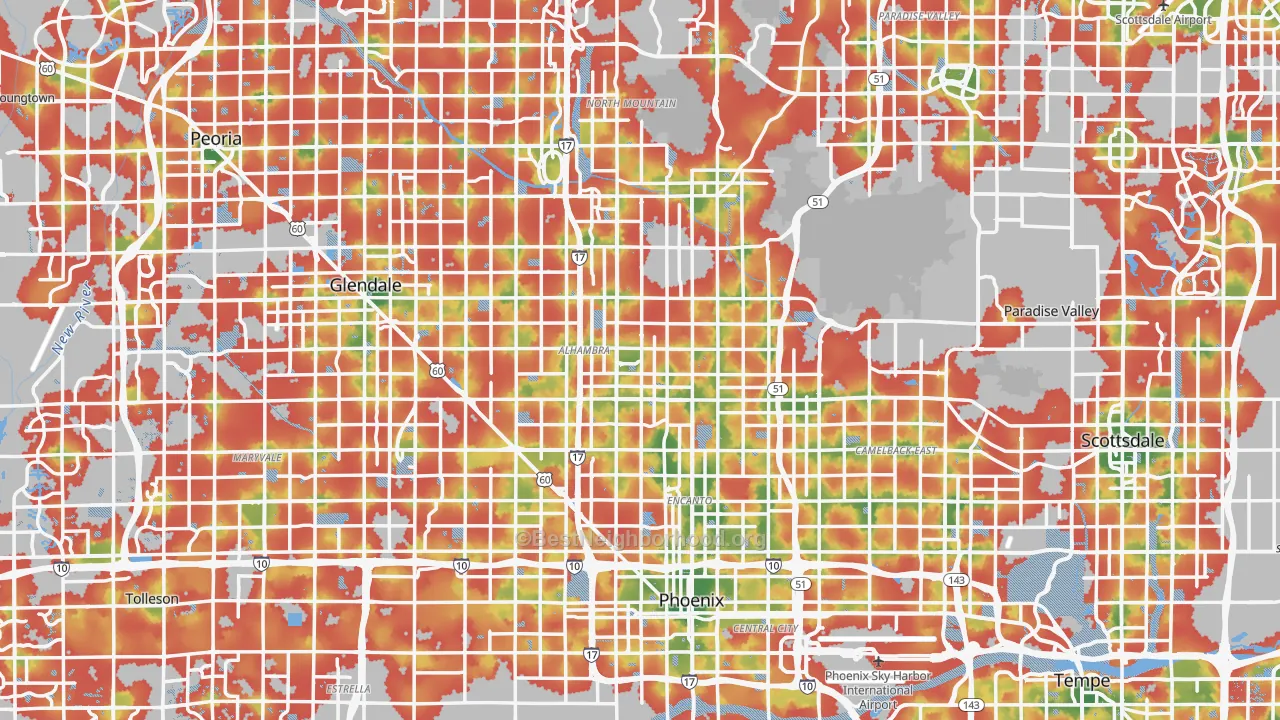 Walk Grade map of Phoenix, AZ, walkable areas in green and car-dependent areas in red