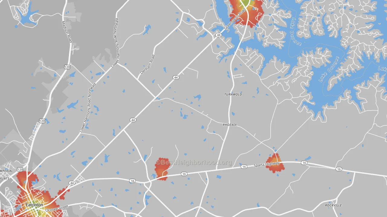 Walk Grade map of Phoenix, GA, walkable areas in green and car-dependent areas in red