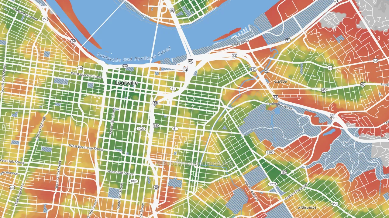 Walk Grade map of Phoenix Hill, Louisville, KY, walkable areas in green and car-dependent areas in red