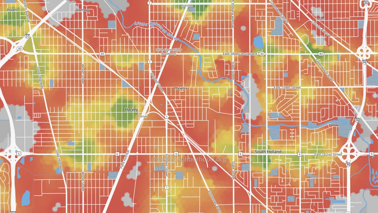 Walk Grade map of Phoenix, IL, walkable areas in green and car-dependent areas in red