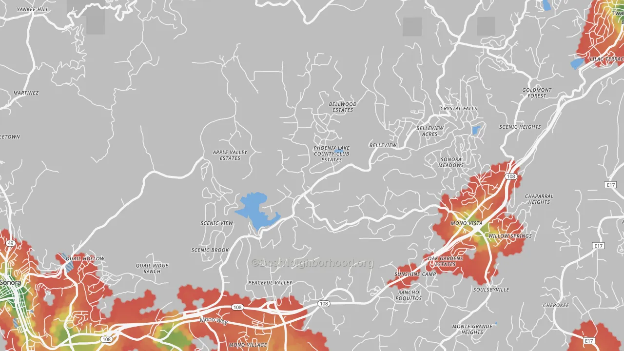 Walk Grade map of Phoenix Lake, CA, walkable areas in green and car-dependent areas in red