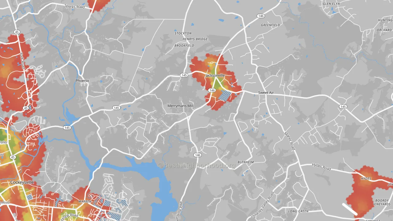 Walk Grade map of Phoenix, MD, walkable areas in green and car-dependent areas in red