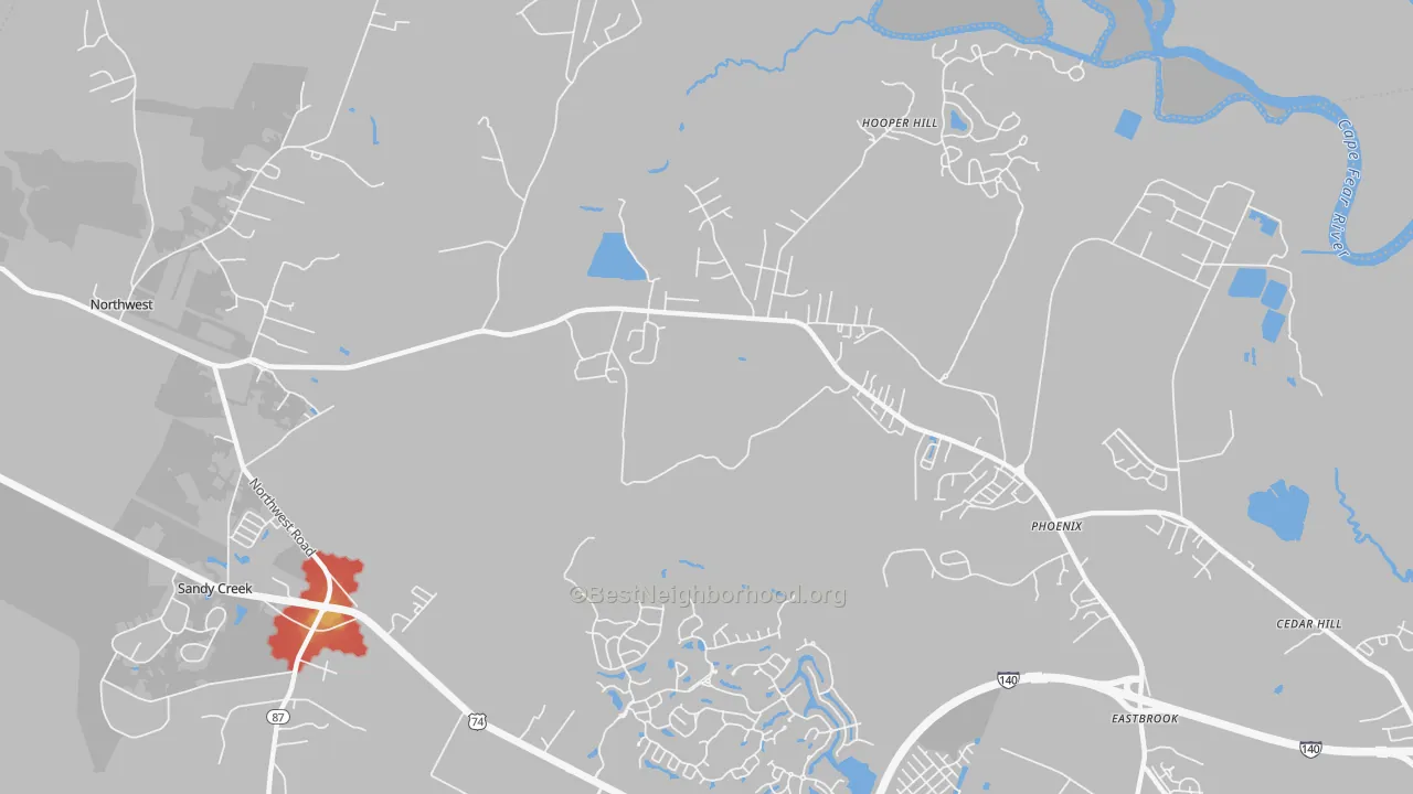 Walk Grade map of Phoenix, NC, walkable areas in green and car-dependent areas in red