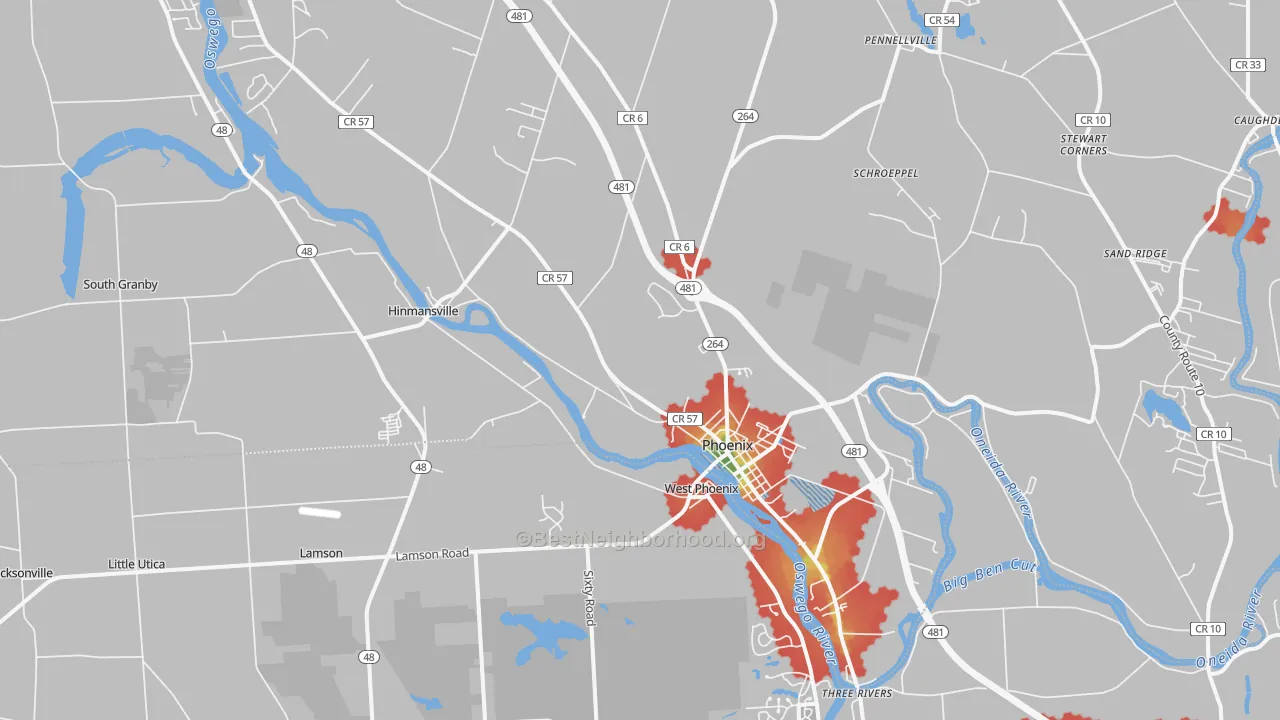 Walk Grade map of Phoenix, NY, walkable areas in green and car-dependent areas in red