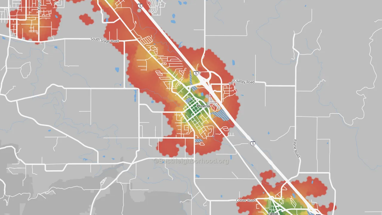Walk Grade map of Phoenix, OR, walkable areas in green and car-dependent areas in red