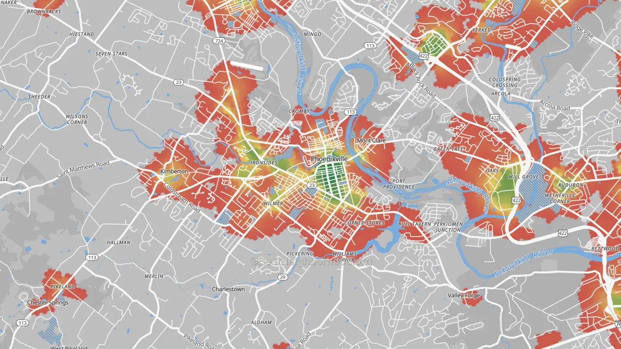 Walk Grade map of Phoenixville, PA, walkable areas in green and car-dependent areas in red