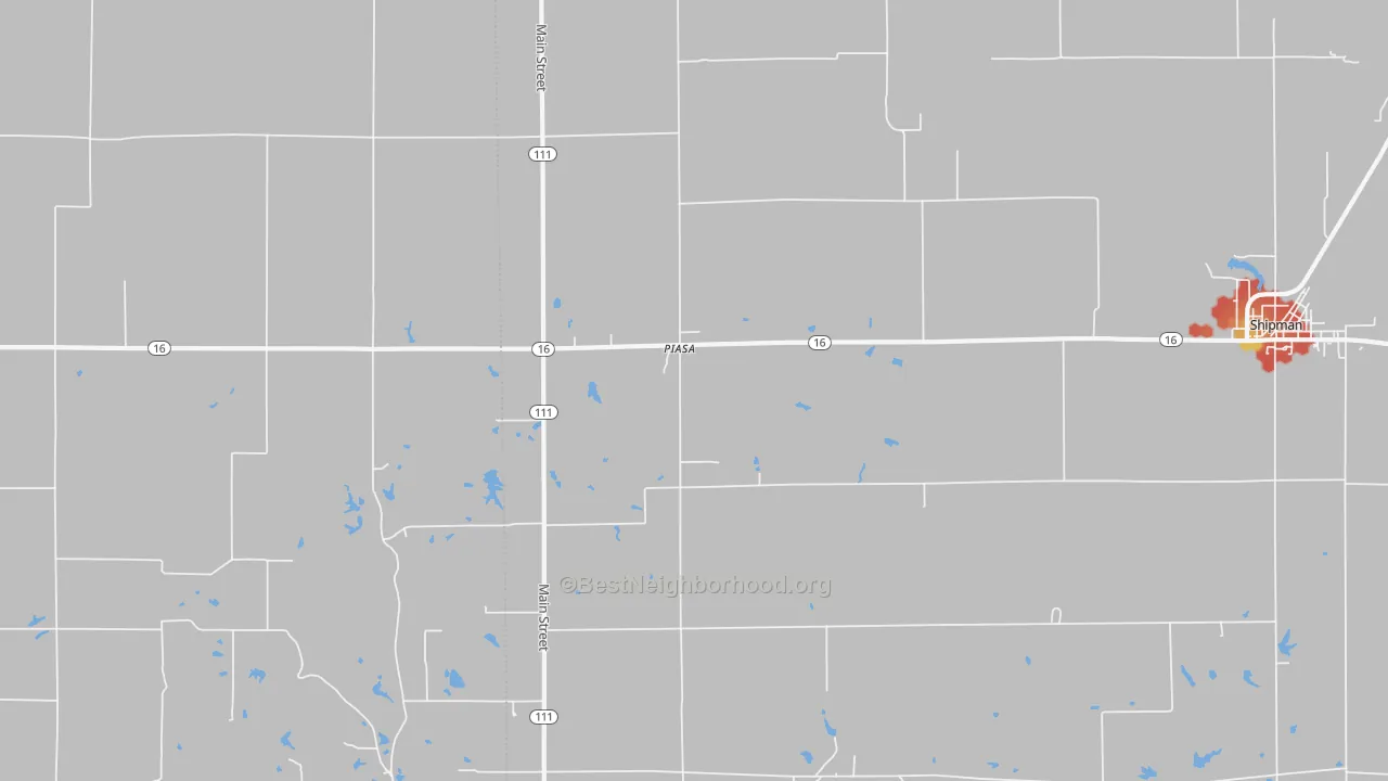 Walk Grade map of Piasa, IL, walkable areas in green and car-dependent areas in red