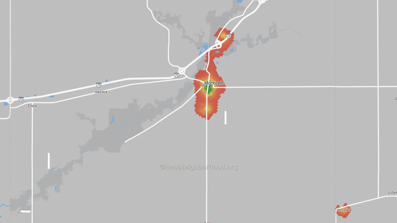 Walk Grade map of Piatt County, IL, walkable areas in green and car-dependent areas in red