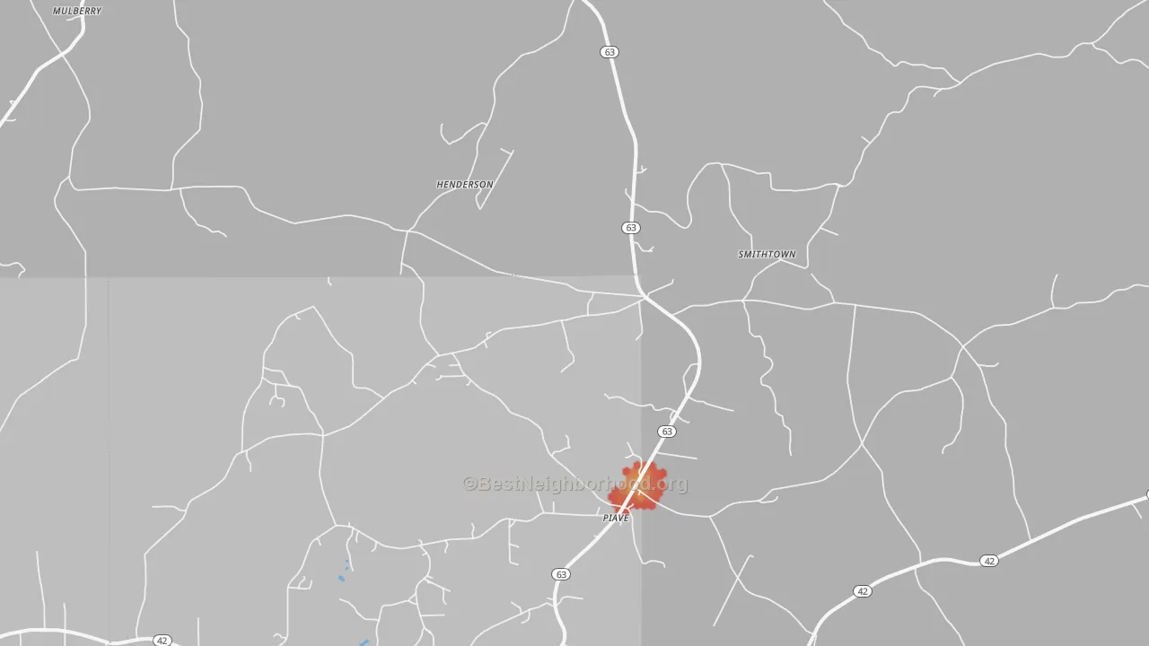 Walk Grade map of Piave, MS, walkable areas in green and car-dependent areas in red