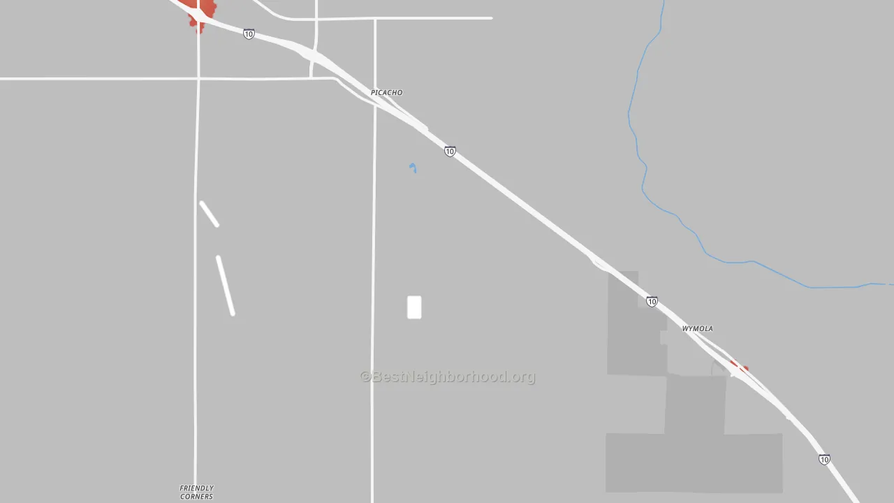 Walk Grade map of Picacho, AZ, walkable areas in green and car-dependent areas in red