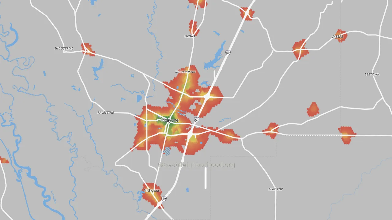 Walk Grade map of Picayune, MS, walkable areas in green and car-dependent areas in red