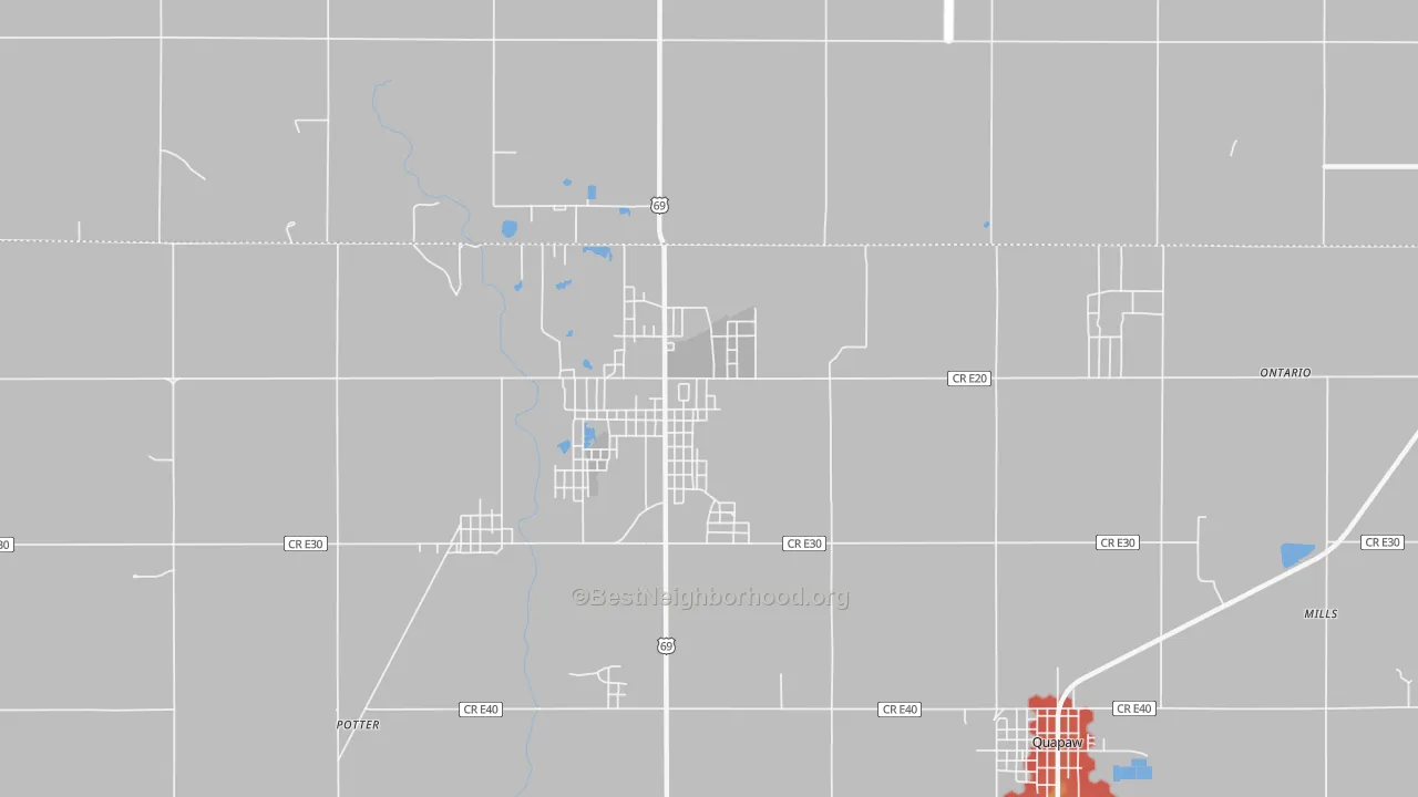 Walk Grade map of Picher, OK, walkable areas in green and car-dependent areas in red