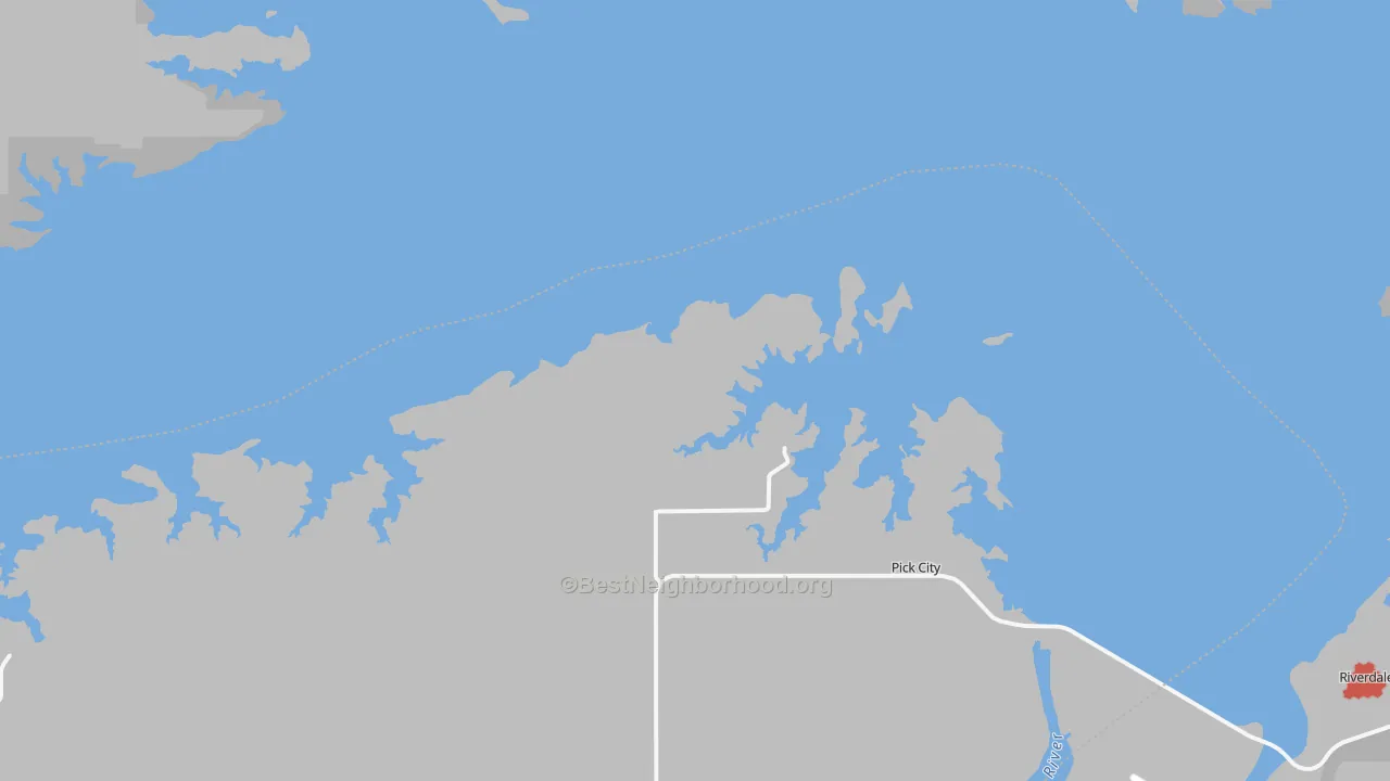 Walk Grade map of Pick City, ND, walkable areas in green and car-dependent areas in red