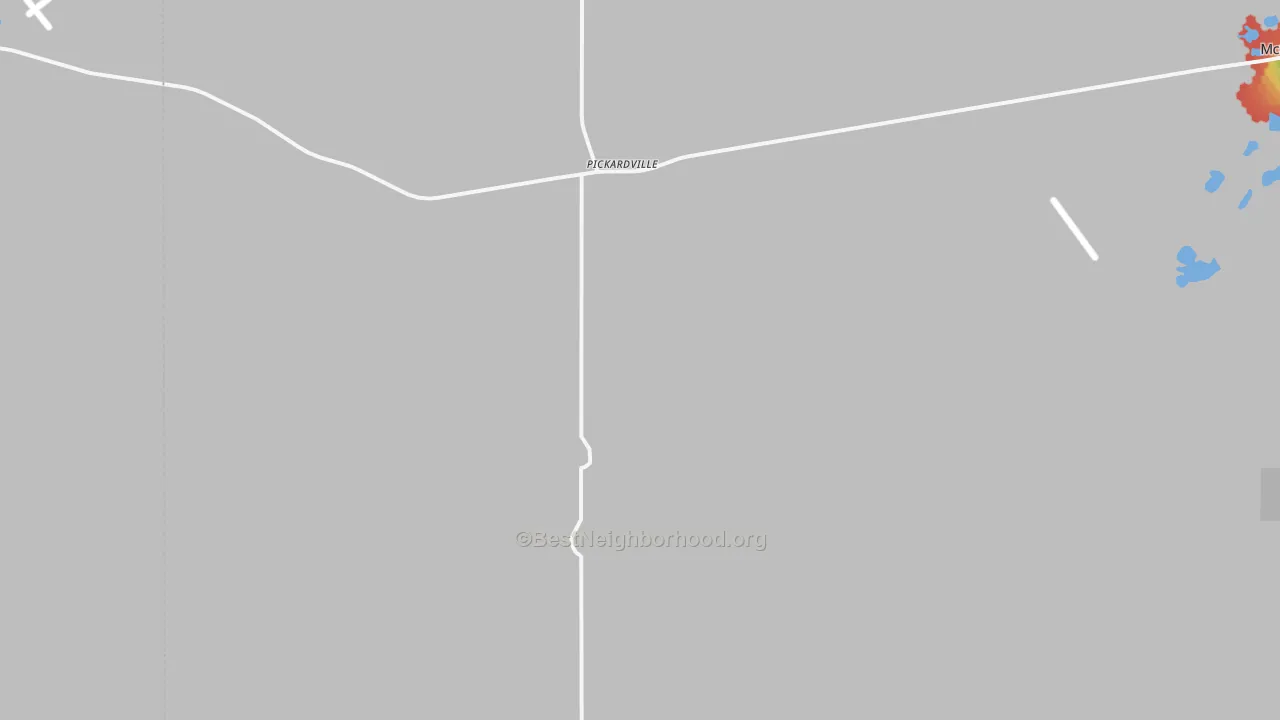 Walk Grade map of Pickardville, ND, walkable areas in green and car-dependent areas in red