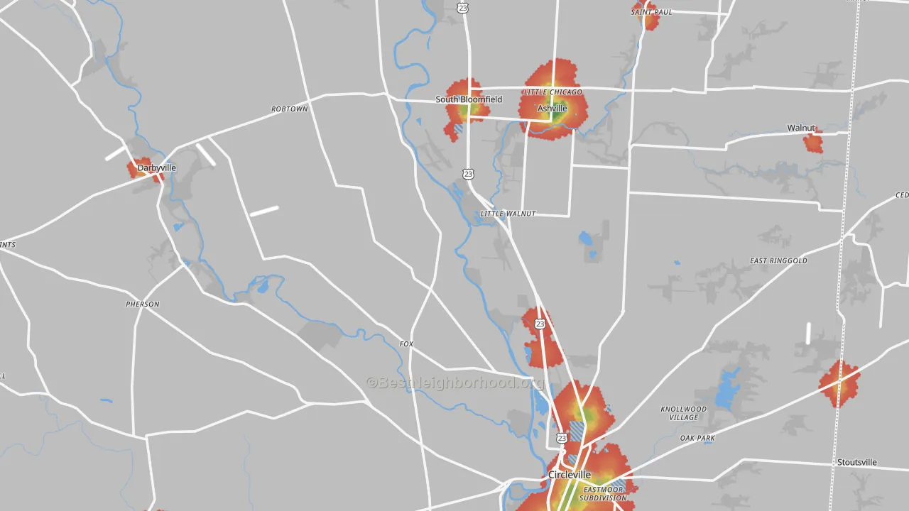 Walk Grade map of Pickaway County, OH, walkable areas in green and car-dependent areas in red