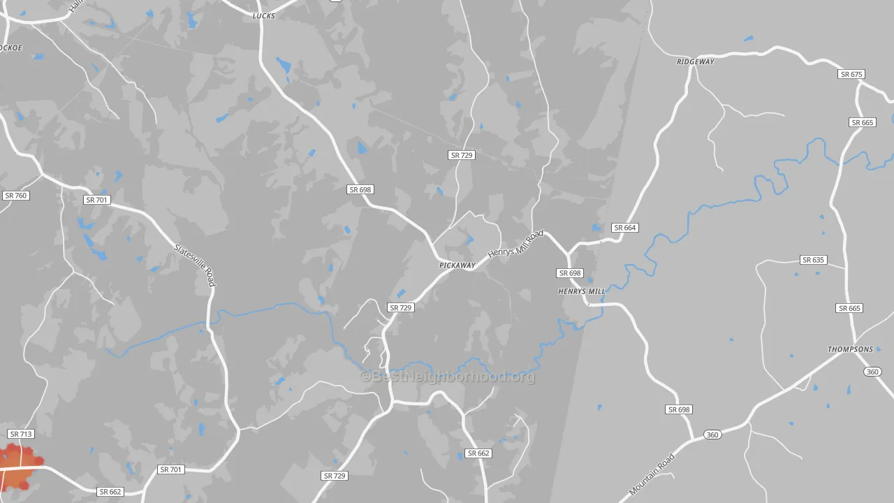 Walk Grade map of Pickaway, VA, walkable areas in green and car-dependent areas in red