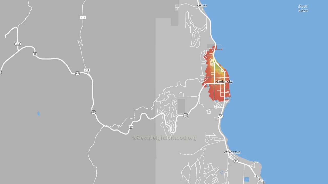 Walk Grade map of Pickelville, UT, walkable areas in green and car-dependent areas in red