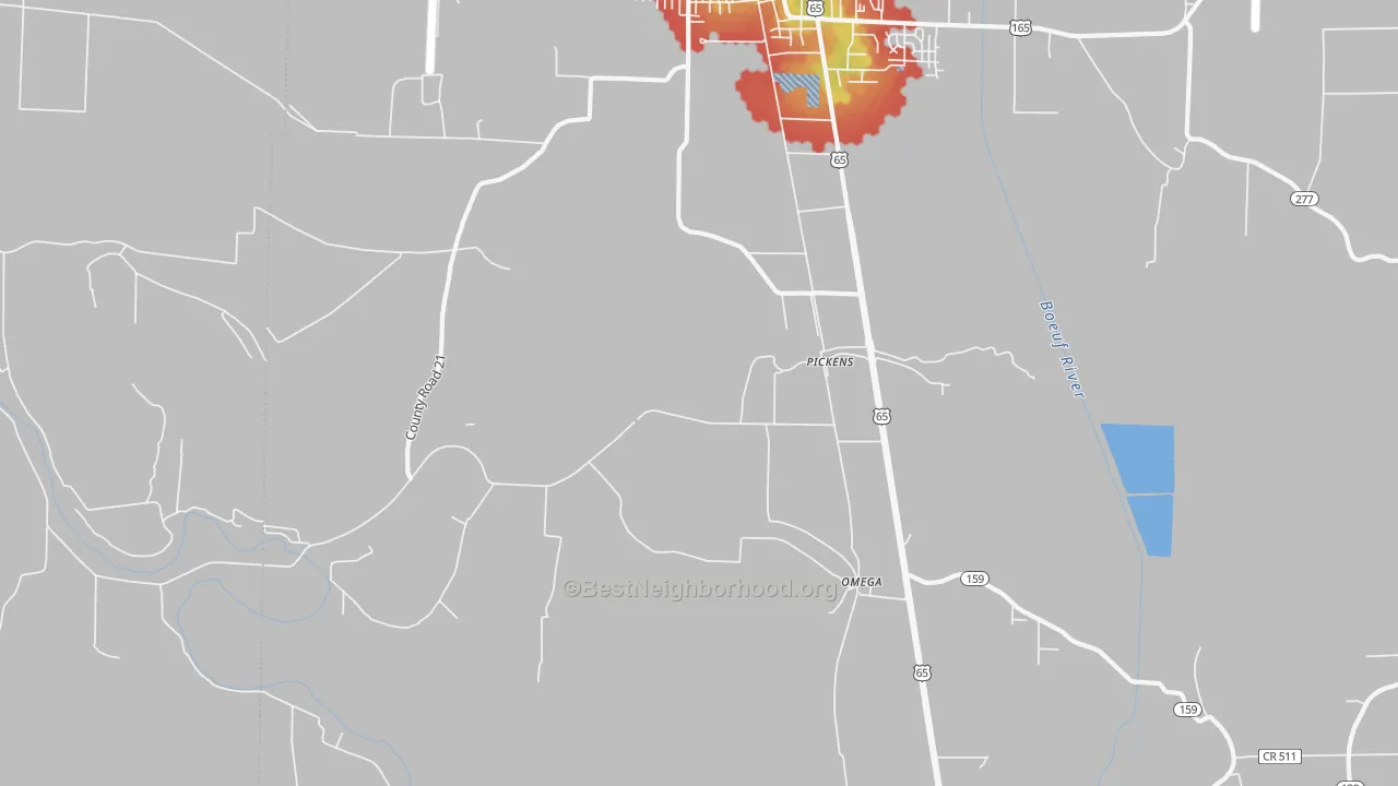 Walk Grade map of Pickens, AR, walkable areas in green and car-dependent areas in red